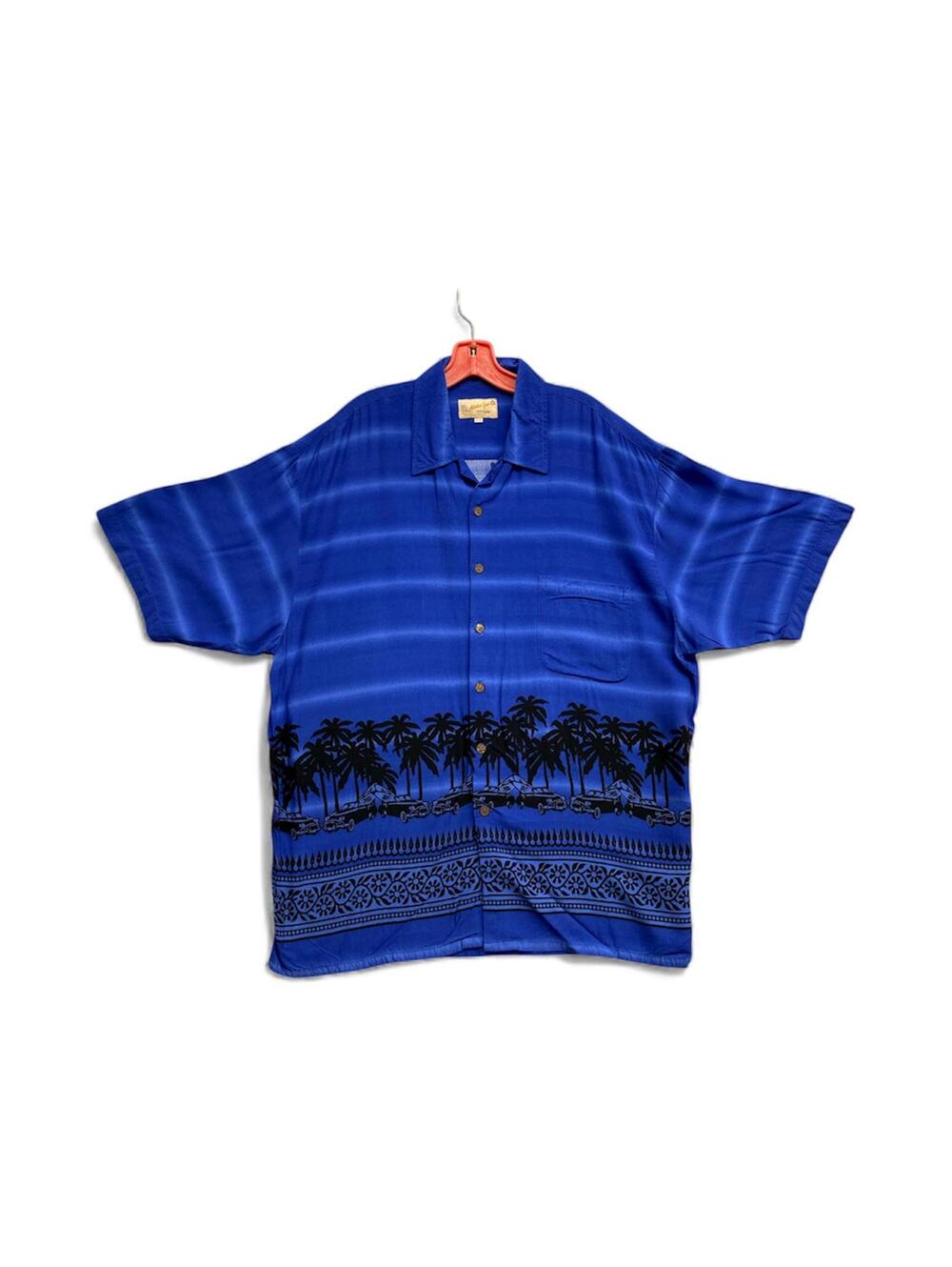 Vintage 90's Rare Alaska Joe XL Blue Hawaiian Shirt with Palm Tree and Car Print